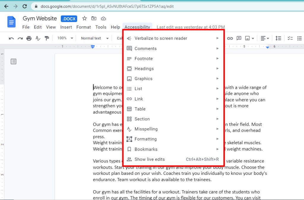 google docs tips accessibility options