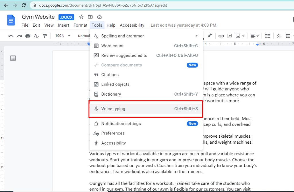 google docs types voice typing