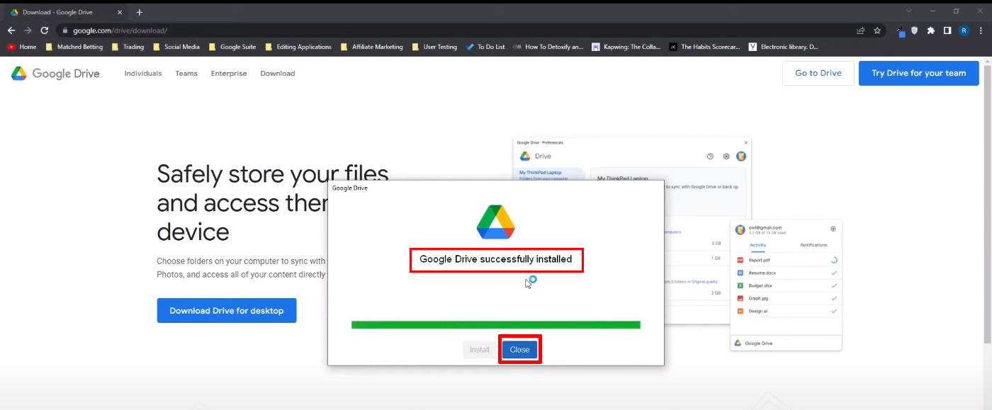 Setup Google Drive : successful drive installation