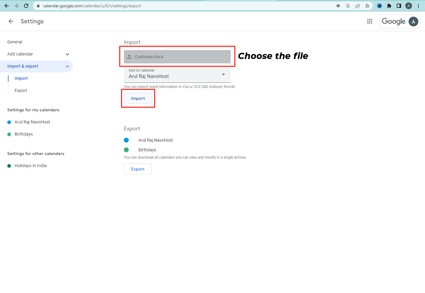 choose the file for import