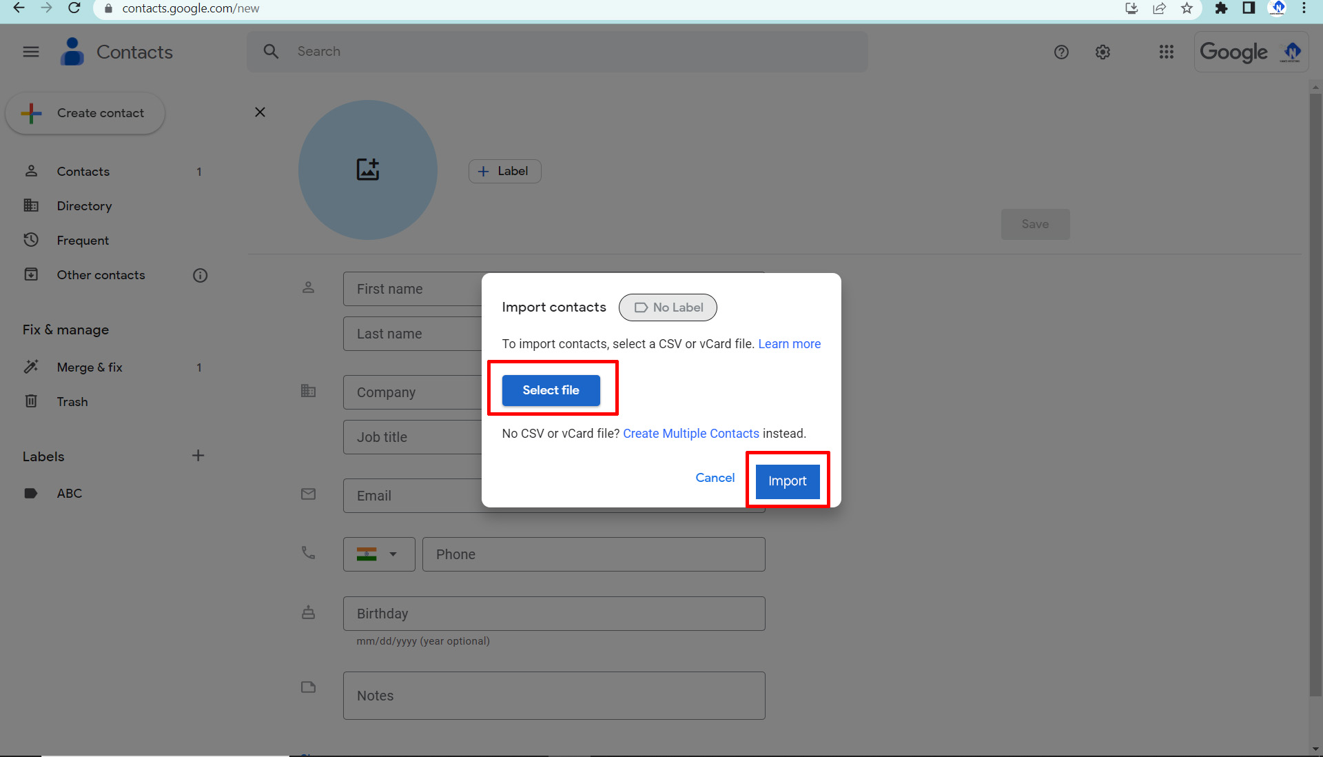 select file and import