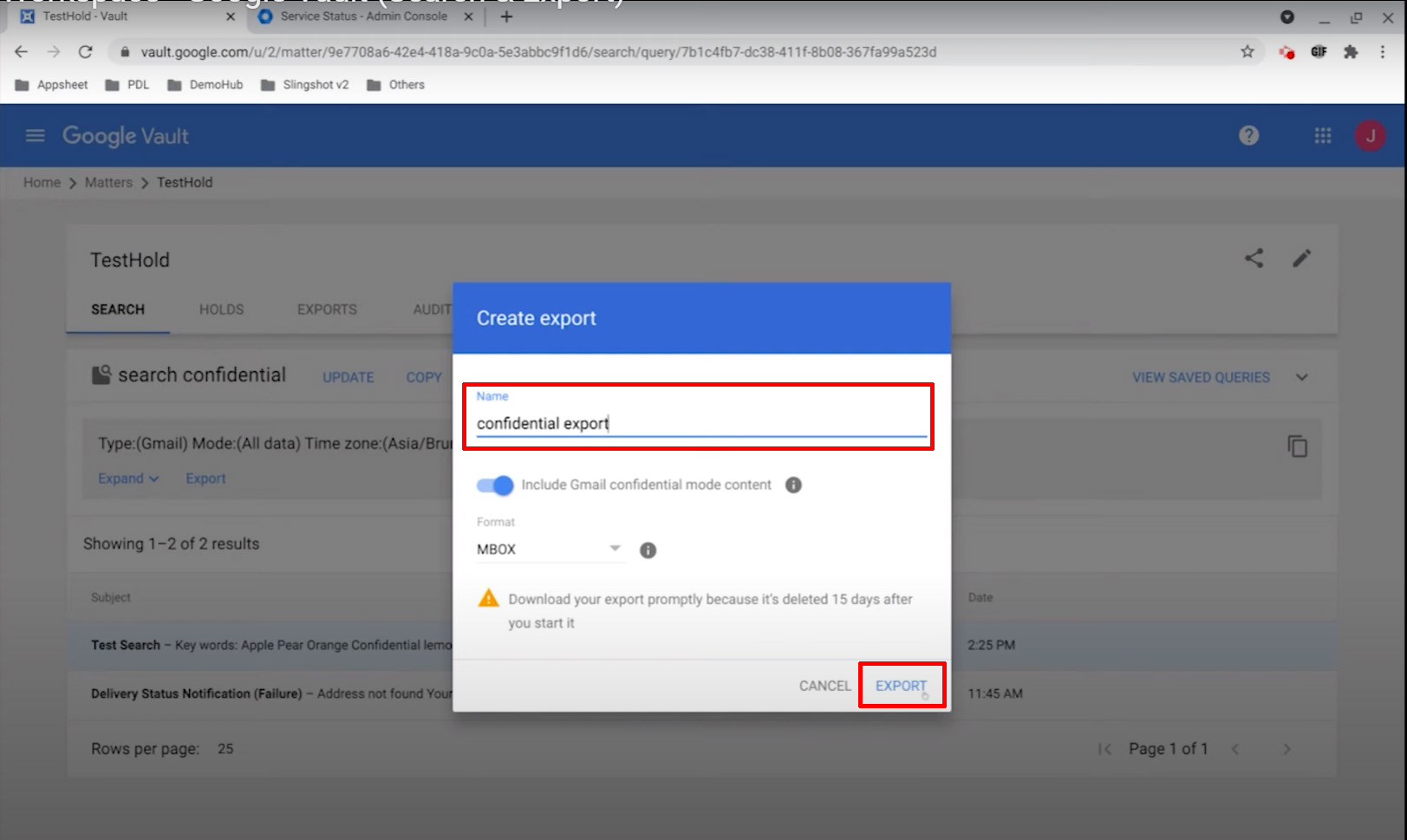 Google Vault confidential export