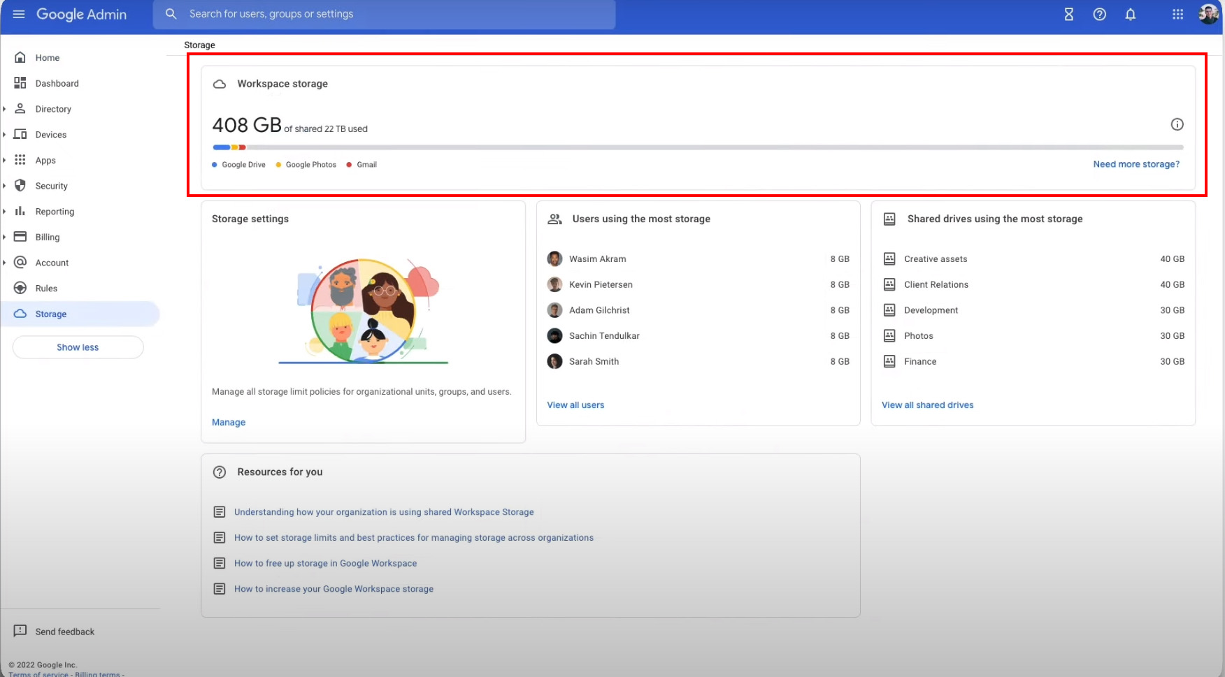 Google Workspace admin page