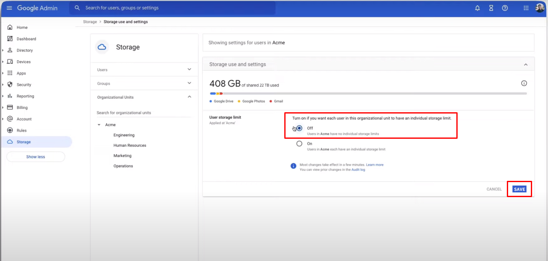 turnoff organization unit