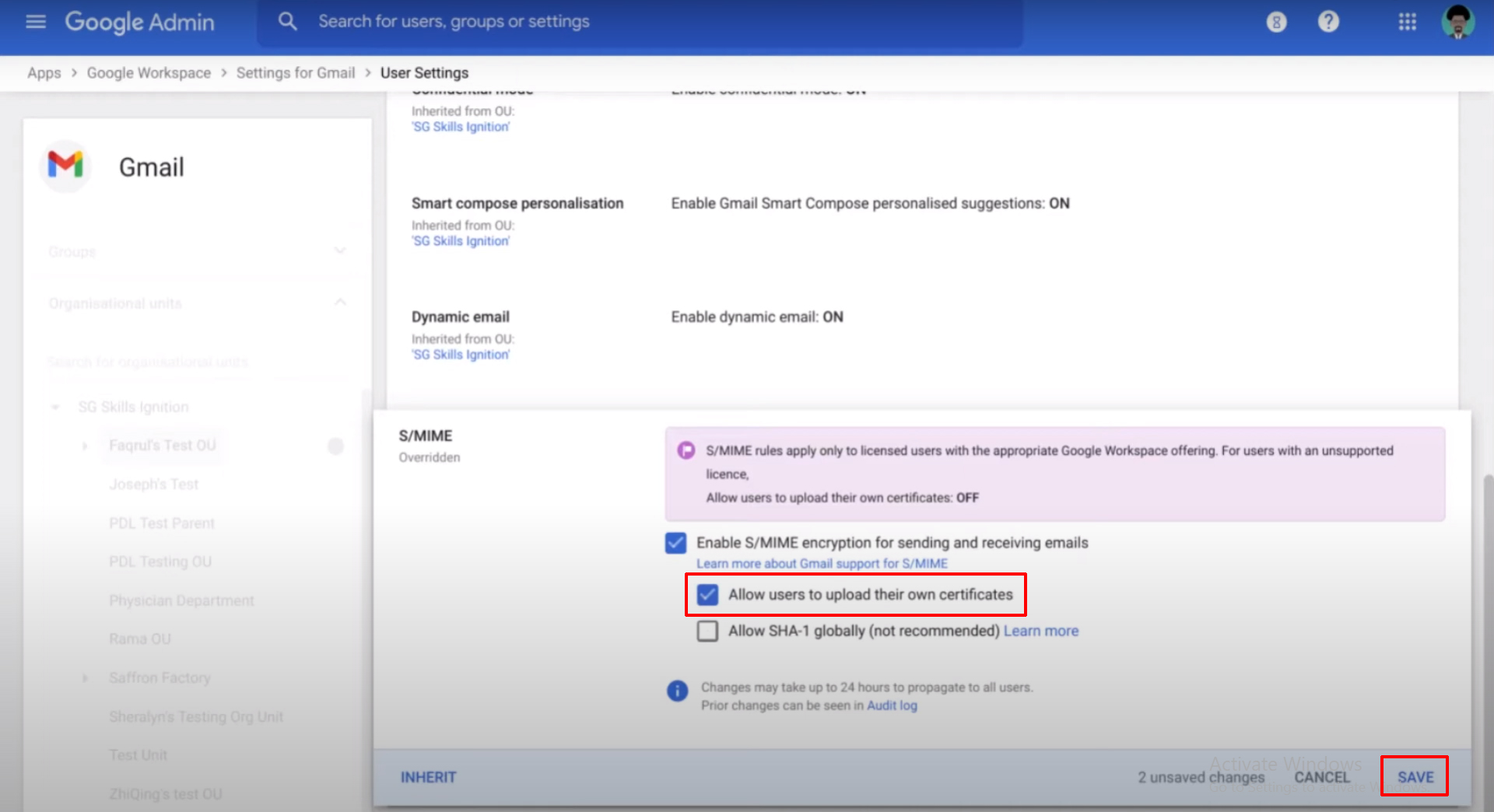 Setup S/MIME allow users