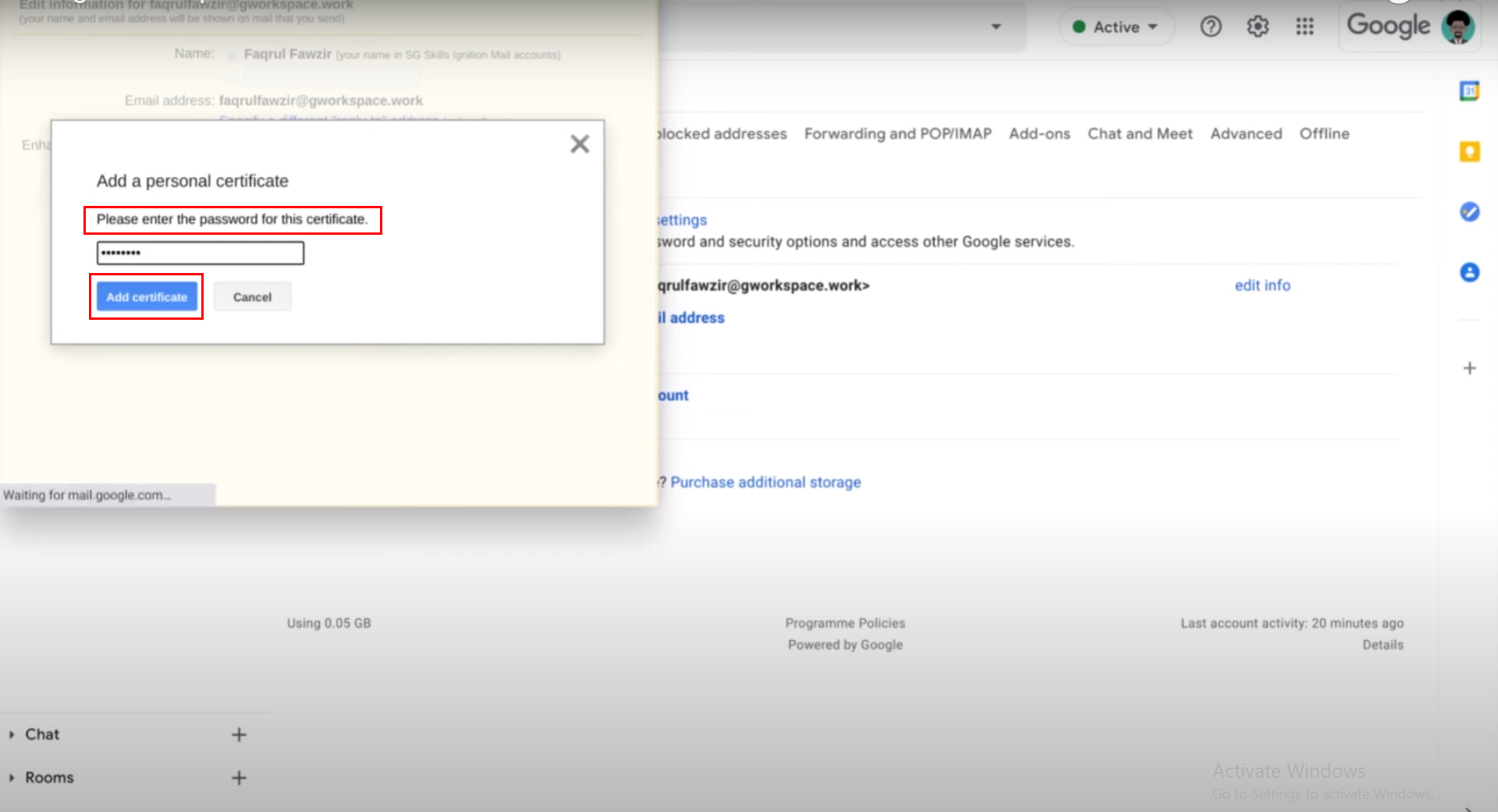 Setup S/MIME add certificate