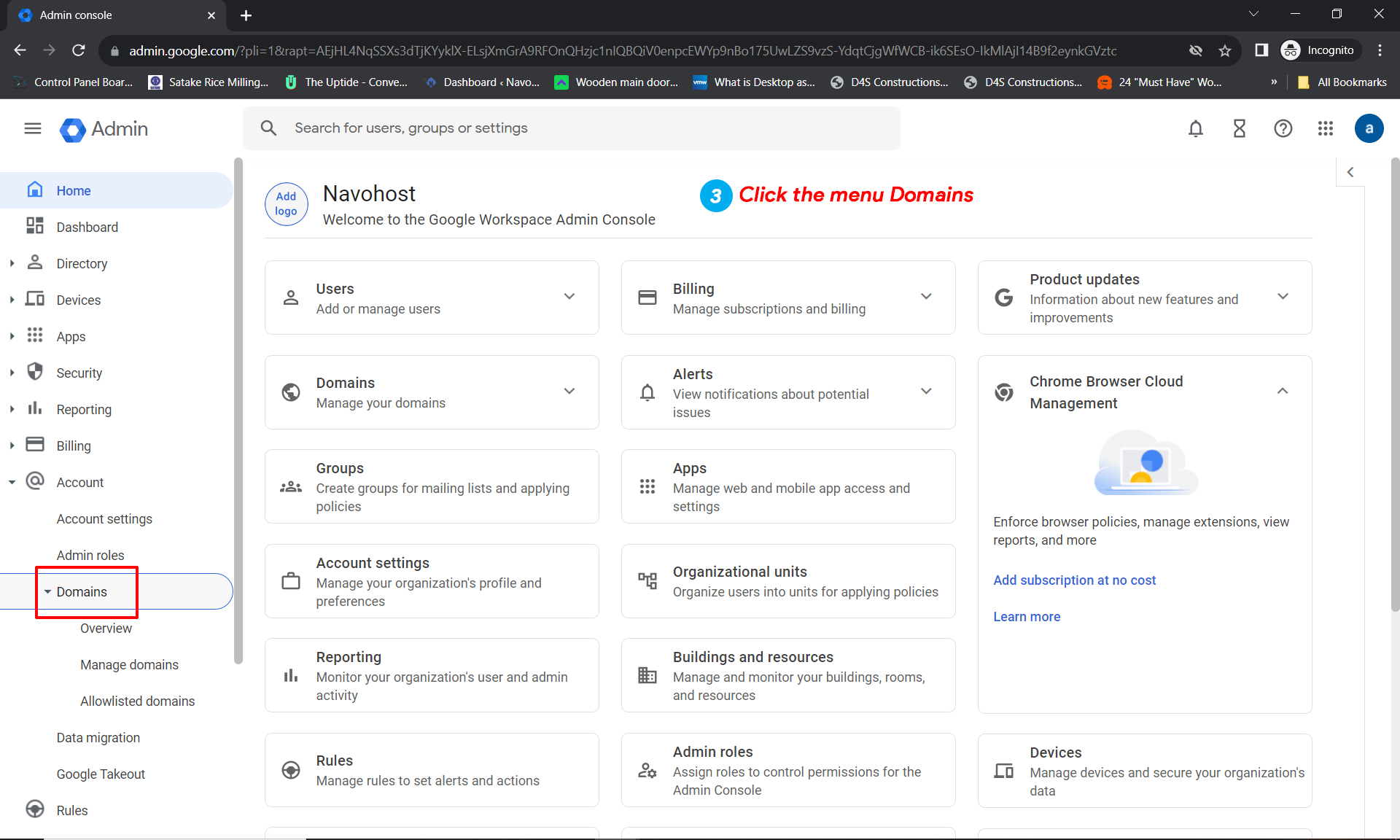 click on the domains menu