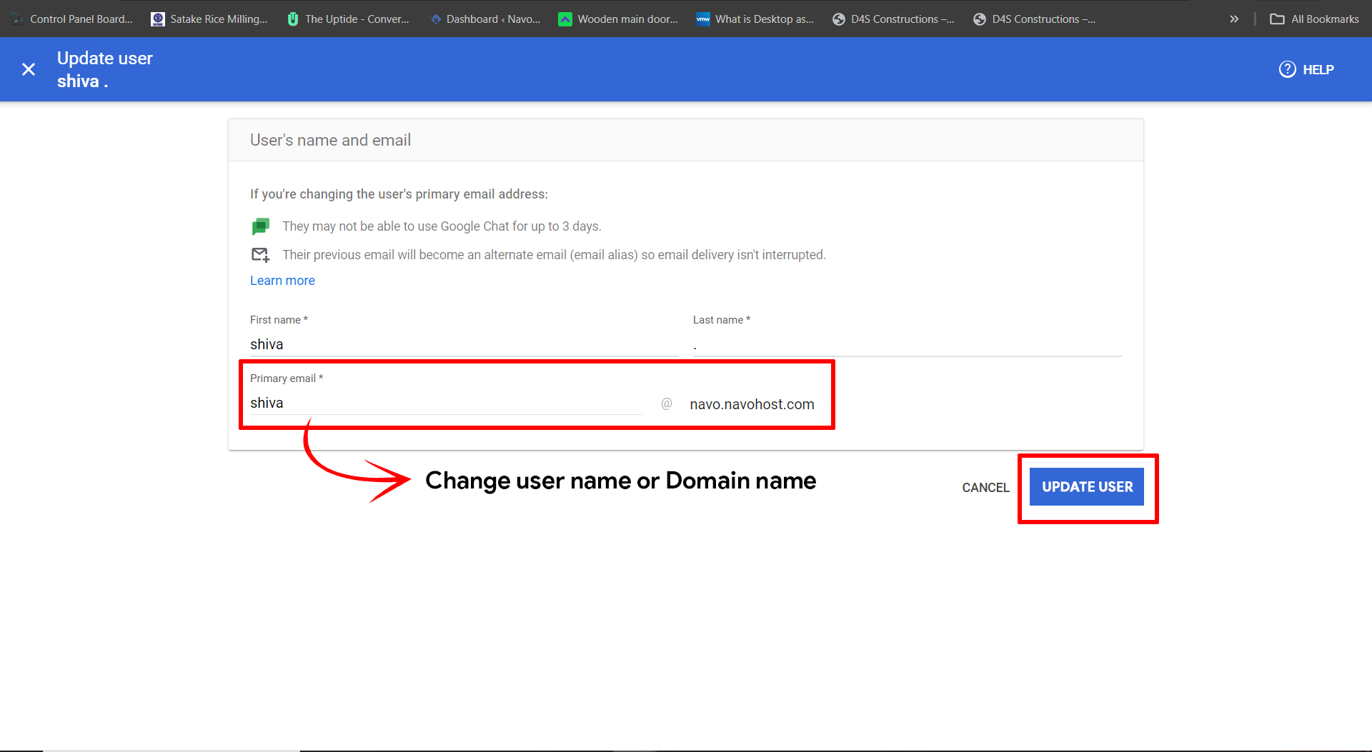 change user name or domain name