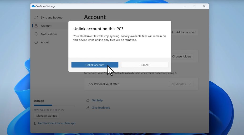 One drive Sync - Unlink account