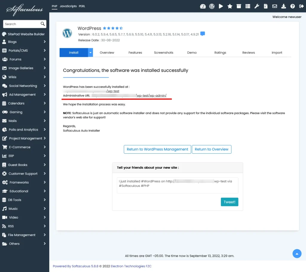 successfull wordpress installtion