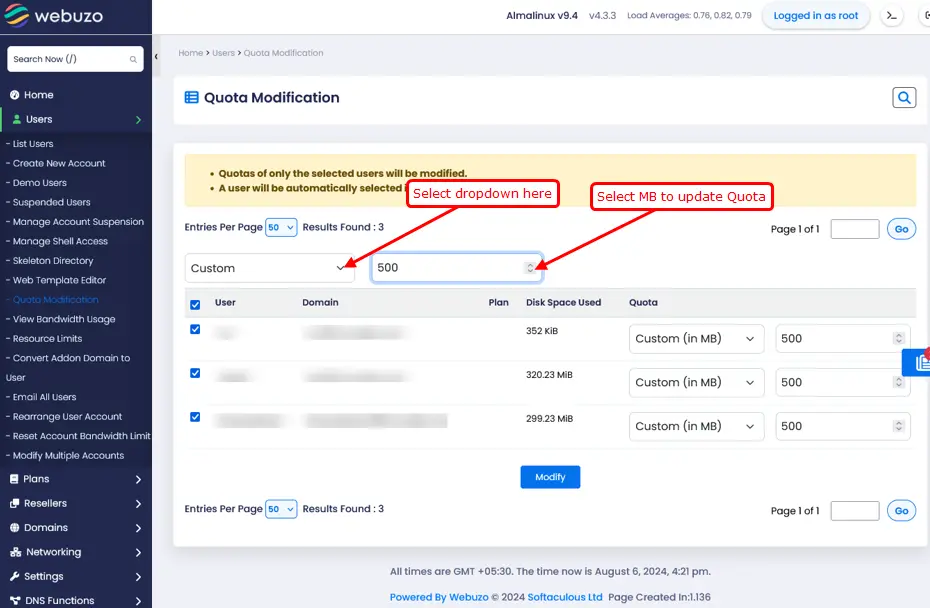 Quota modification steps