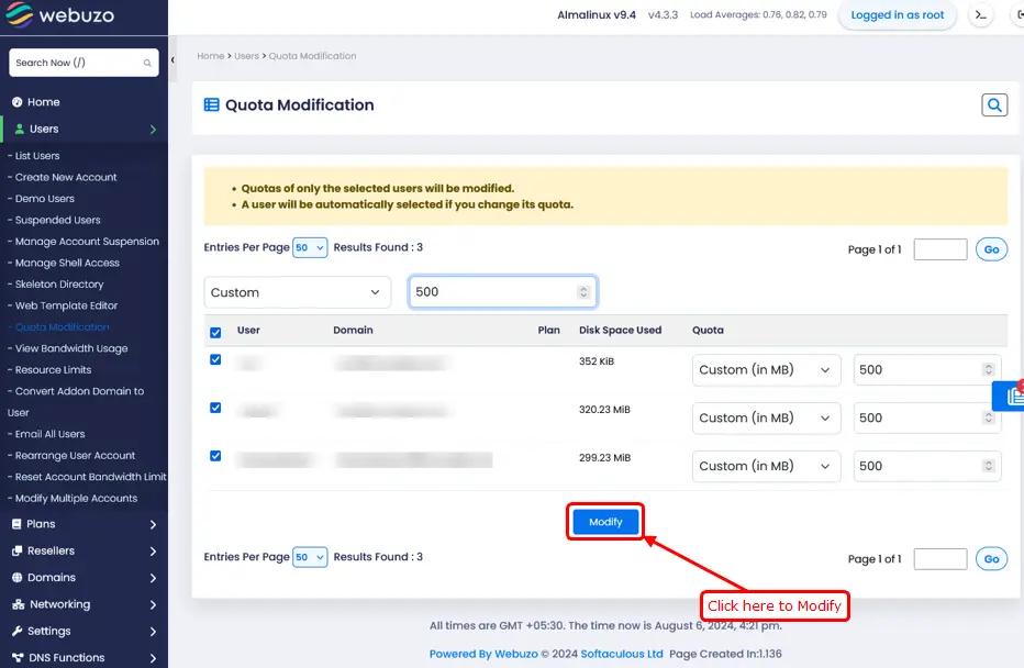 Quota modification modify