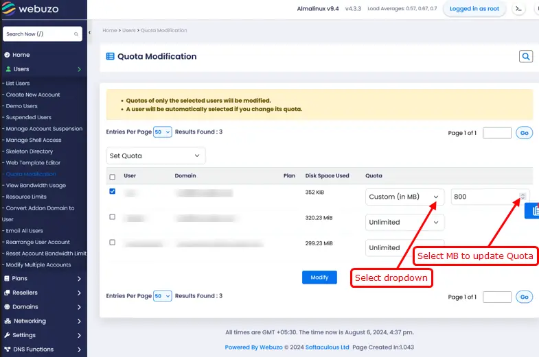Quota modification for specific user